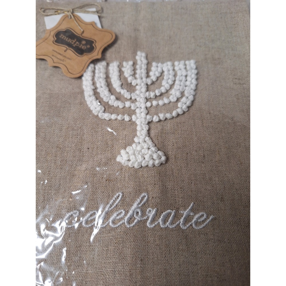 Mud Pie Hanukkah Menorah Tea Towel Celebrate French Knot Embroidered Tan Linen